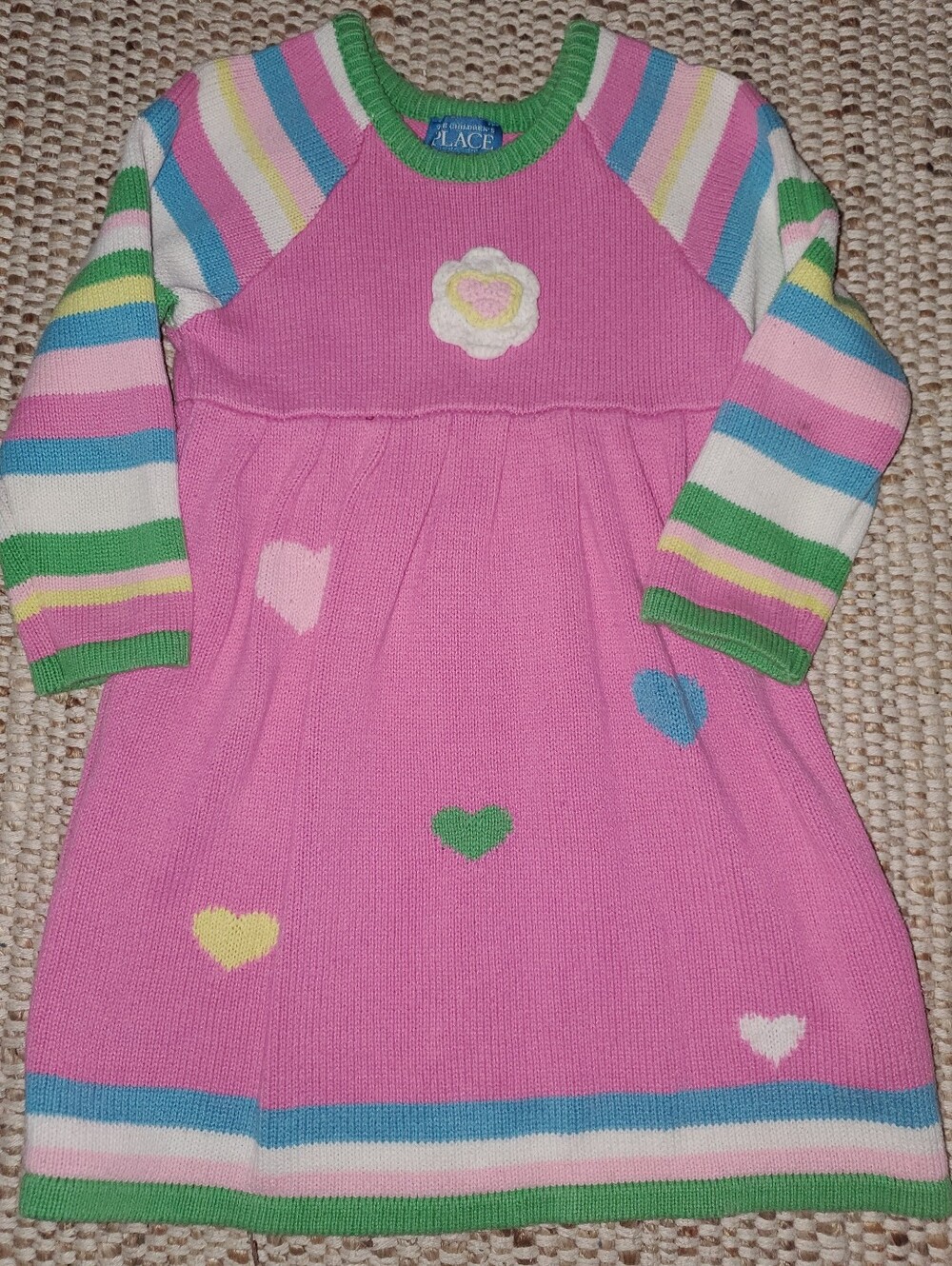 The Children's Place 3T Pink Sweater Dress with Multicolor Stripes & Hearts